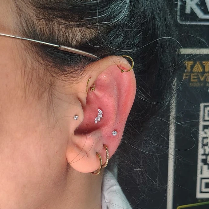 Conch ear piercing jewellery stud in inner ear cartilage