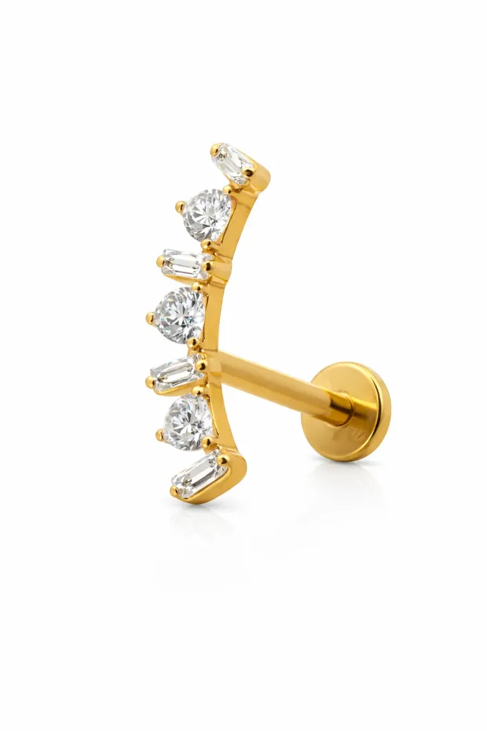 Gold Curved Crystal Helix Stud – Vertical Helix Cartilage Jewellery