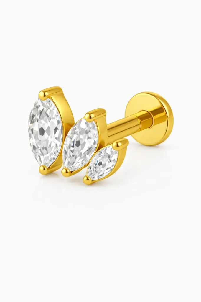 [G413SS2200] Gold Triple Marquise Crystal Labret Stud – Cartilage Piercing Jewellery