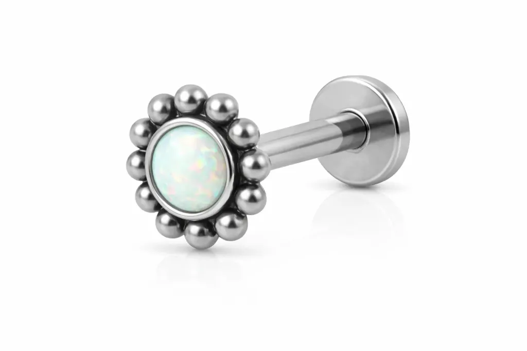 [S500SS1800] White Opal Halo Labret Stud – Cartilage Piercing Jewellery