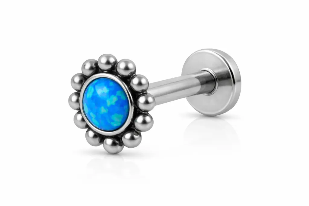 [S499SS1800] Blue Opal Halo Labret Stud – Cartilage Piercing Jewellery