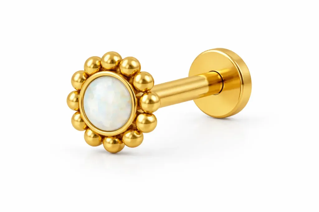 [G500SS1800] Gold White Opal Halo Labret Stud – Cartilage Piercing Jewellery