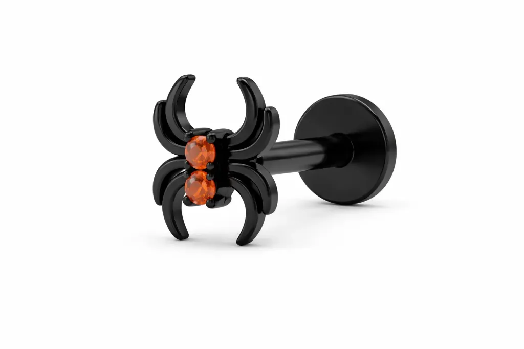 [B473SS1700] Black Spider Crystal Labret Stud – Cartilage Piercing Jewellery